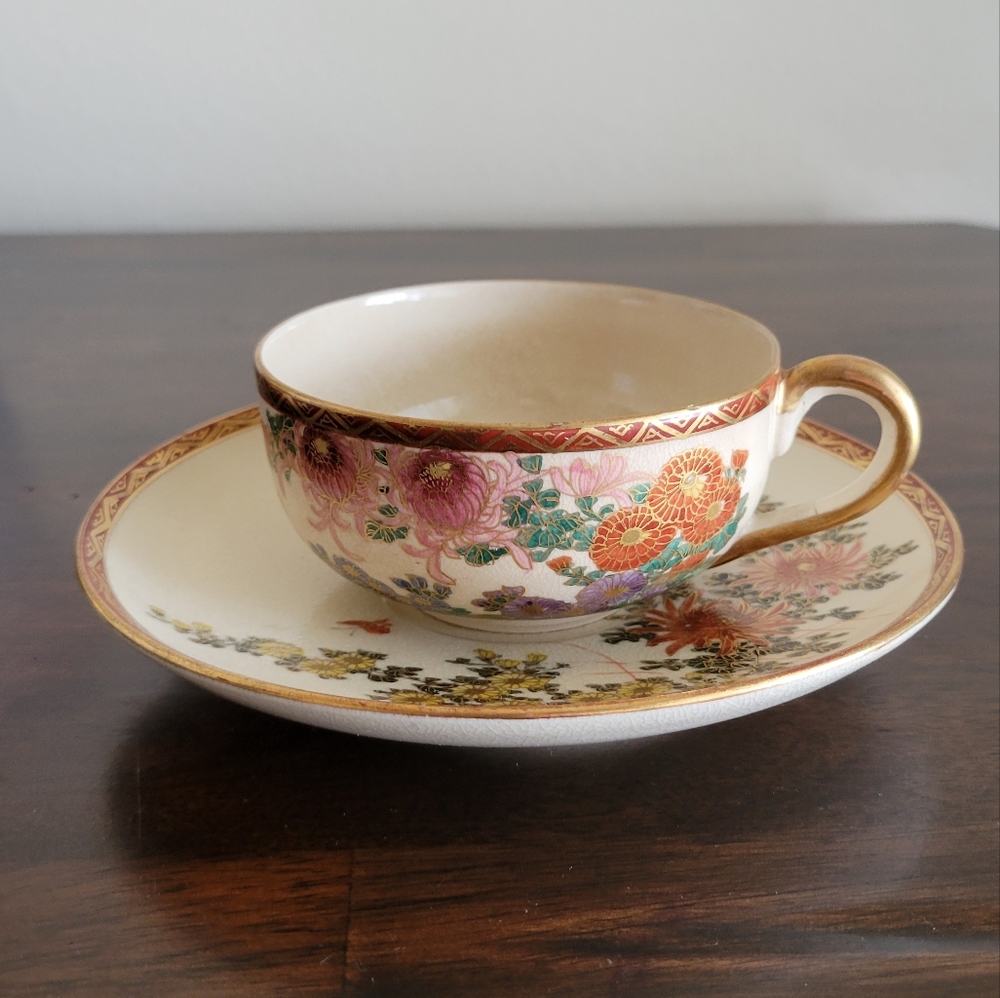 Antique Kobe Satsuma Teacup Set Chrysanthum and Butterflies by Soko China Tea